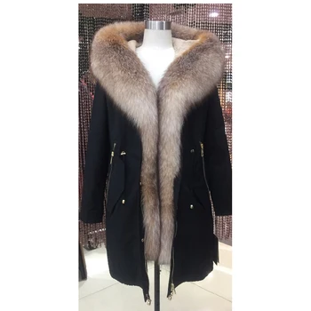 

Women winter parka coat jacket fox collar detachable rabbit fur liner 94cm length quality fabric 9-19812
