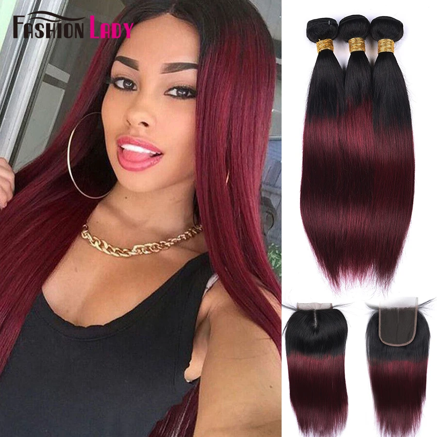 

Fashion Lady Pre-Colored Ombre Brazilian Hair 3 Bundles With Lace Closure 1B/99J Straight Weave Human Hair Bundle Pack Non-Remy