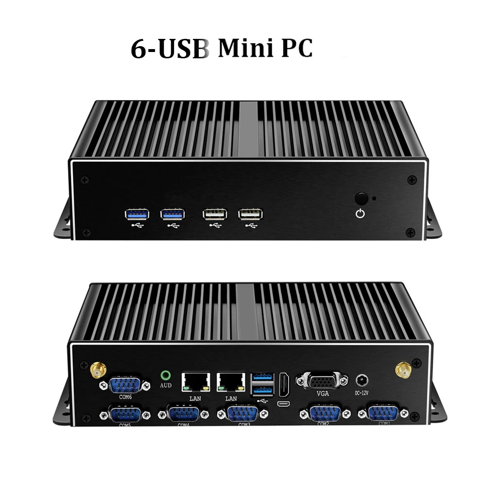 Безвентиляторный промышленный мини ПК двойной NIC LAN 6 * COM Core i7 5500U i5 4200U Celeron J1900