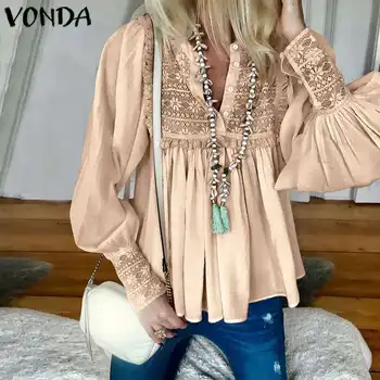 

VONDA Women Blouses Beach Tops 2020 Spring Summer Sexy V Neck Lantern Sleeve Tops Party Blusa Office Ladies Shirts Plus Size