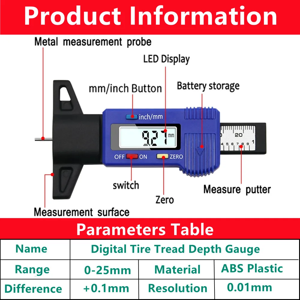 Digital Car Tyre Tire Tread Depth Gauge Meter Auto Tire Wear Detection Measuring Tool Caliper Thickness Gauges Monitoring Depth 5