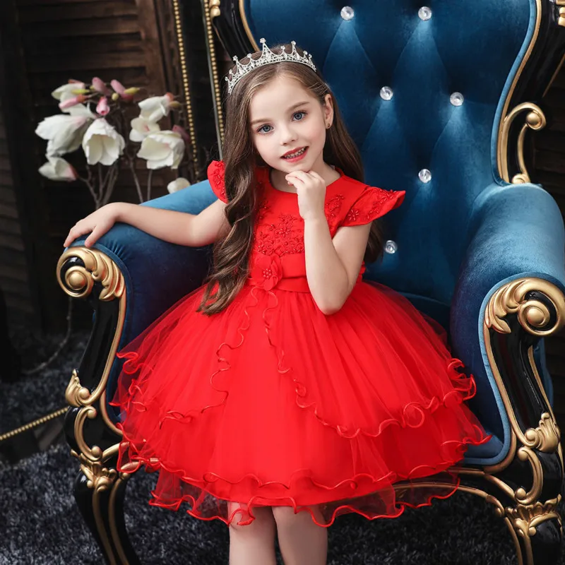 

2019 Summer New Baby Girl Sweet Dress Children Gauze Flower Cotton O-neck Soild Regular Bow Lace Pudcoco Wedding Dress