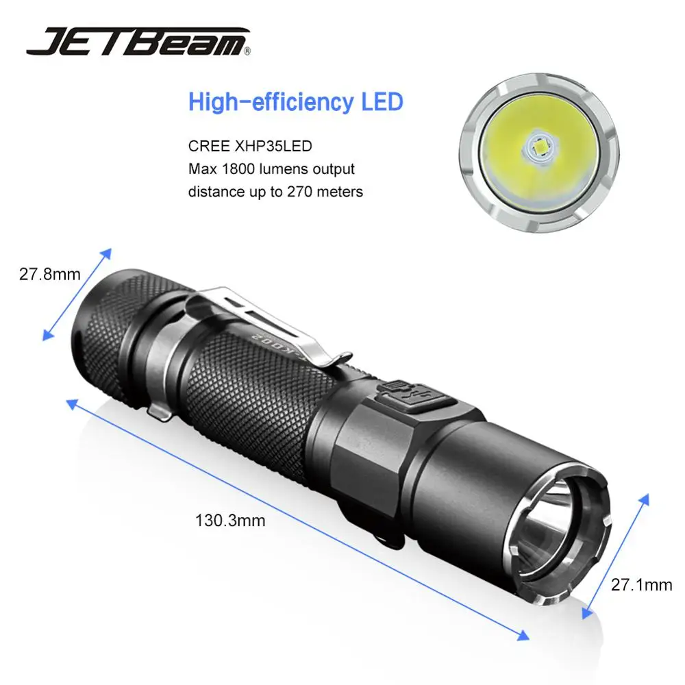 JETBeam KO 02 1800LM Мощный тактический светодиодный фонарь XHP35 18650 Водонепроницаемый