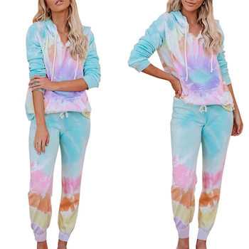 

Autumn And Winter Pajamas For Women Tie Dye Hooded Pajama Set Warm Long Sleeves Home Clothes