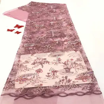 

Peach sequined african lace fabric 2020 high quality lace french mesh fabric sequins nigerian lace fabric 5yards