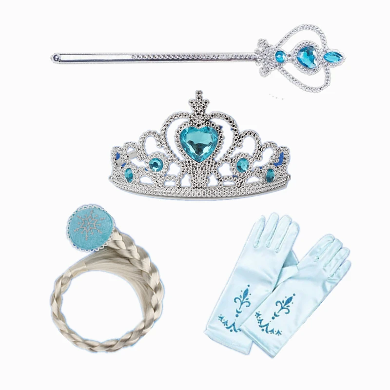 

Kids Cosplay Carnival Princess Girls Kids Dress Up Accessories Crown Braid Wand Wig Blue Gloves 4Pcs Sets Magic Stick