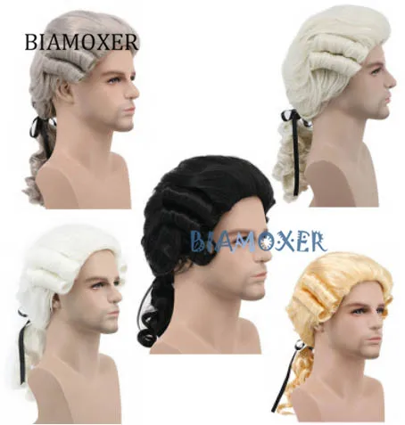 BIAMOXER, серый, черный, белый цвет, барокко, кудрявый мужской костюм, парики, роскошная история, длинный синтетический парик для косплея для Хэллоуина