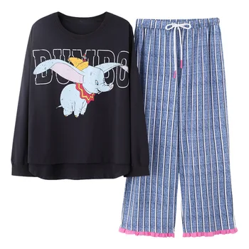 

Summer Women Pajamas Sets 100% Cotton Cartoon Print Long Sleeve Long Trousers Home Sleepwear Suit Casual Plus Size Cute Pajamas