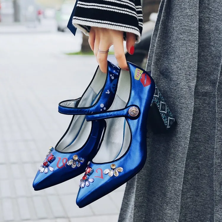 

Royal Blue Leather Rhinestone Decor Mary Jane Pumps Ladies Beads Buckle Strap Folk Style Chunky Heels Ladies Bridal Shoes