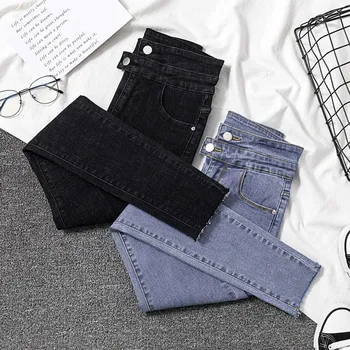 

2019 Women Casual High Elastic Button Pencil Pants Stretch Pockets High Waist Jeans Washed Skinny Blue Plus Size Pants