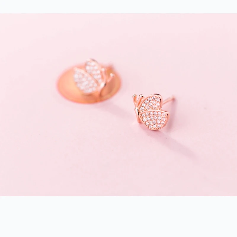 Серьги из кубического циркония, розовое золото, серьги в форме бабочки с кристаллами для женщин, 925 пробы, серебряные серьги-гвоздики, детские ювелирные изделия для девочек