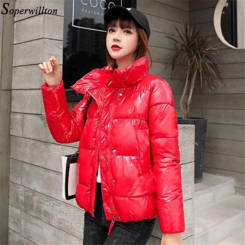 Зимнее пальто для женщин короткий белый пуховик хлопок тонкий длинный рукав женская верхняя одежда корейский сплошной Jaqueta Abrigos Mujer теплая - Цвет: red