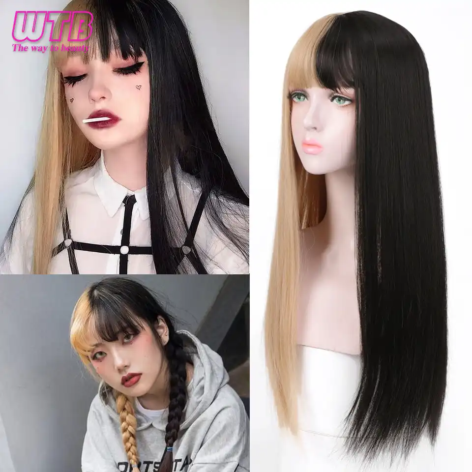 Wtb Girls Half Black Mix Half Blonde Lolita Long Straight Cute Wigs Heat Resistant Synthetic Halloween Cosplay 60cm Wig Free Cap Synthetic None Lace Wigs Aliexpress