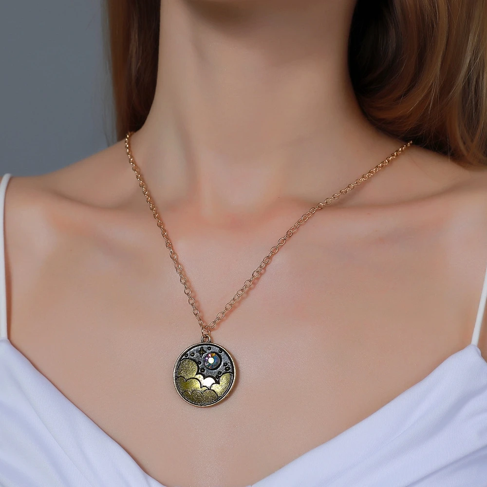 

Creative Night Sky Necklace Colorful Crystal Literary Retro Moon Cloud Clavicle Chain Geometric Round Pendant Jewelry Women