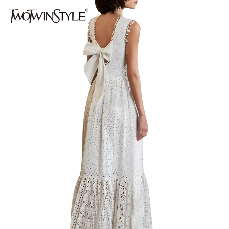 TWOTWINSTYLE Casual Hollow Out Dress Women V Neck Sleeveless High Waist Lace Up Bow Elegant Dresses Female Fashion Clothing Tide | Женская