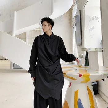 

2019 new men's personality irregular long section solid color casual shirt men's simple loose shirt costumes