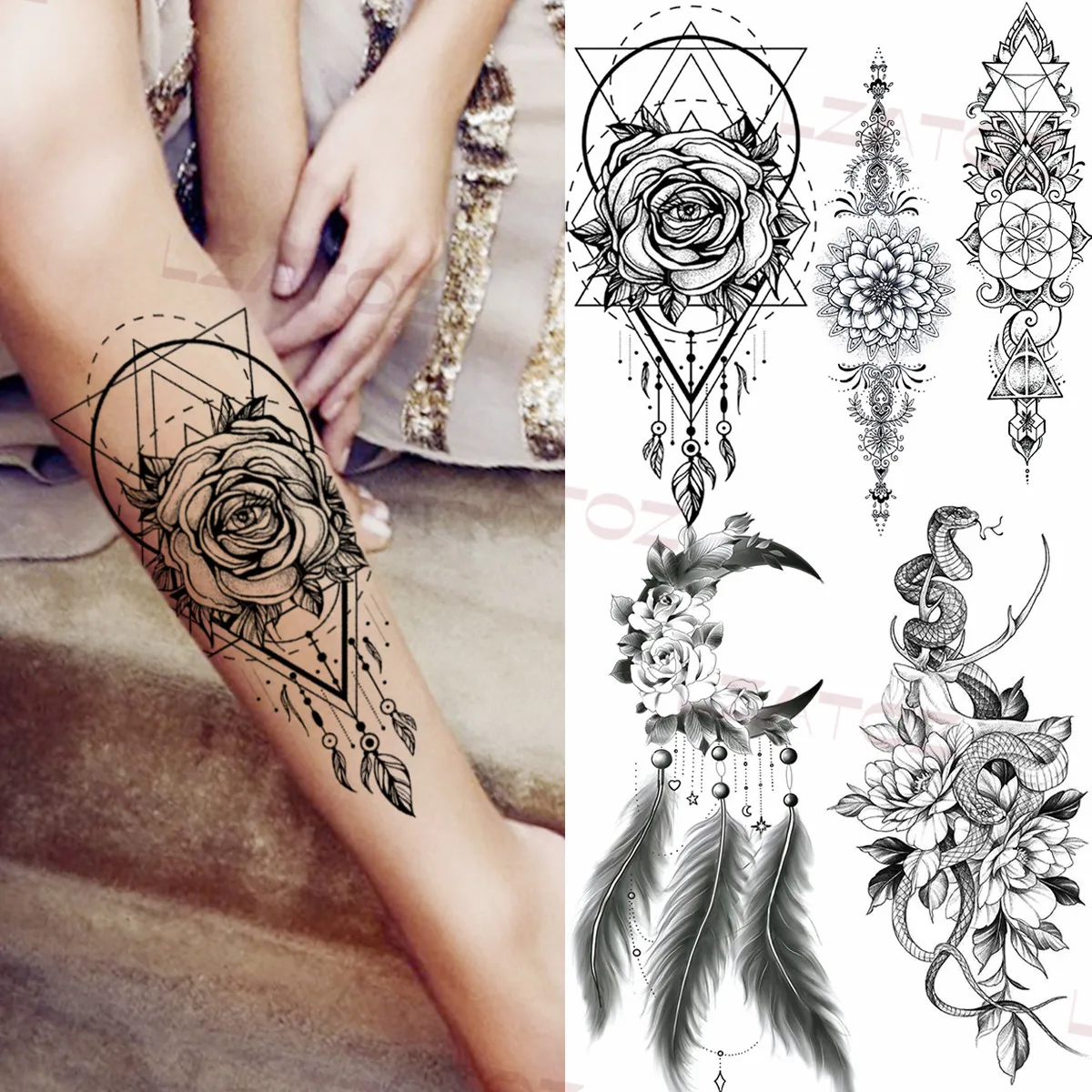 

Geometric Eye Totem Rose Temporary Tattoos For Women Girl Henna Feather Snake Fake Tattoo Sticker Leg Forearm Transfer Tatoo