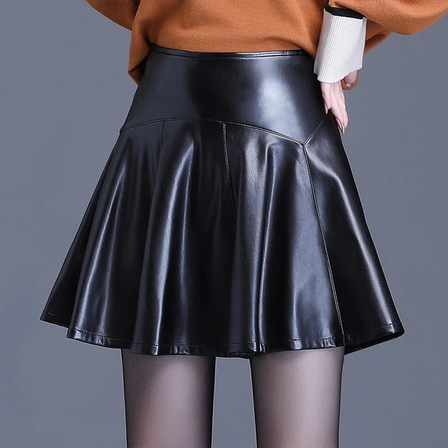 Autumn Black High Waist Women Pu Leather Mini Skater Skirt For Women  Fashion Winter Ladies Sexy