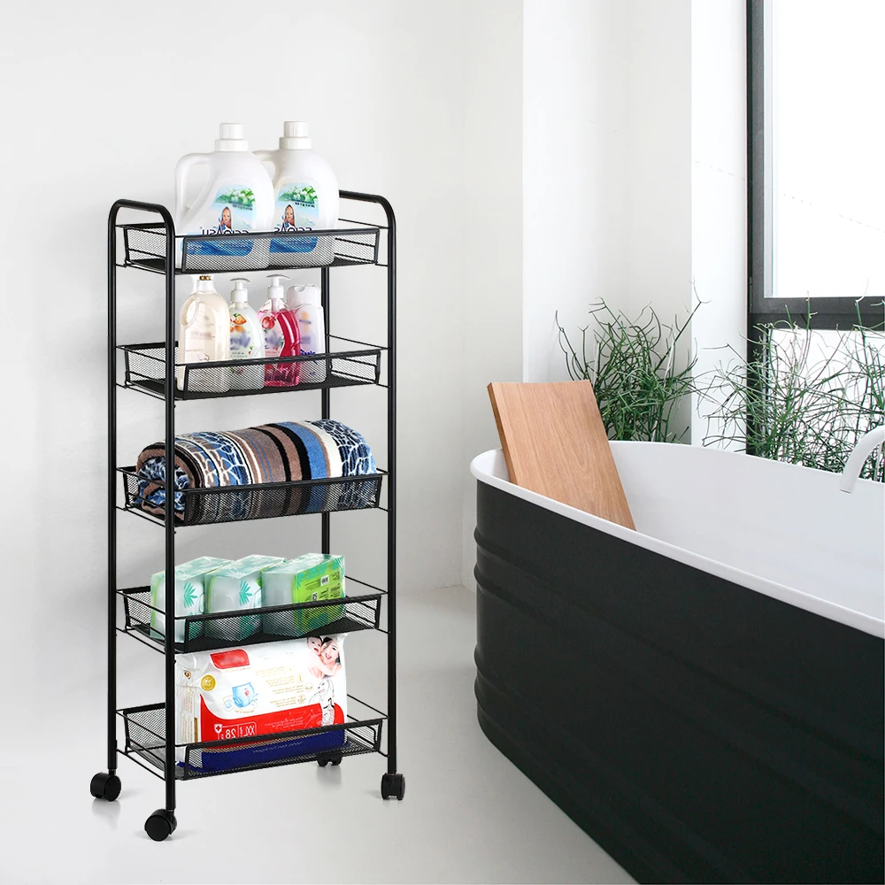

Multi-Purpose 5-Tier Mesh Wire Rolling Cart Storage Trolley Organizer Trolley For Kitchen Pantry Bedroom Bathroom