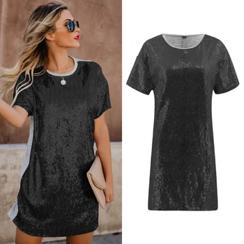 

Hot Selling Separate Station Hot Selling Spring And Summer New Products WOMEN'S Skirt Sequin Joint Short-sleeve Dress 2164