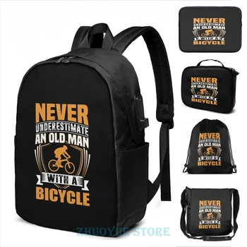 

Never Underestimate An Old Man With A Bicycle Funny USB Charge Backpack men School bags Women bag Travel laptop bag
