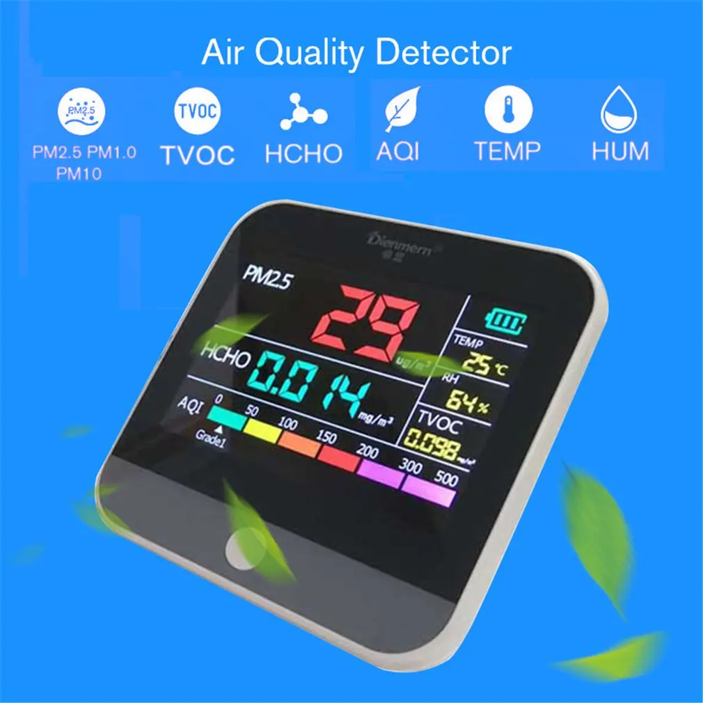 AQI качества воздуха анализатор PM2.5/HCHO/TVOC Температура Влажности Монитор-детектор газа анализатор измерительный инструмент счетчик смога