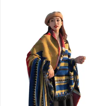 

2020 New Imitation Cashmere Big Shawl Female Winter Striped Tassels Shawl Autumn And Long Thick Warm Blanket Holiday
