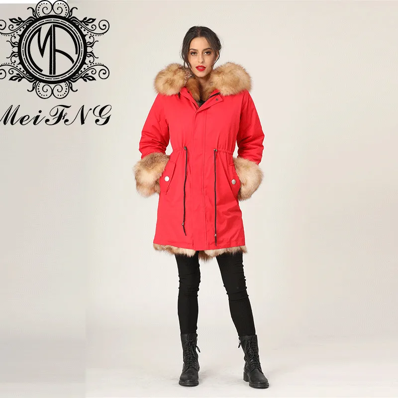 Customzied цвет длинный Электрический Синий Женский Тренч с мехом зимний повседневный дизайн икона - Цвет: Красный