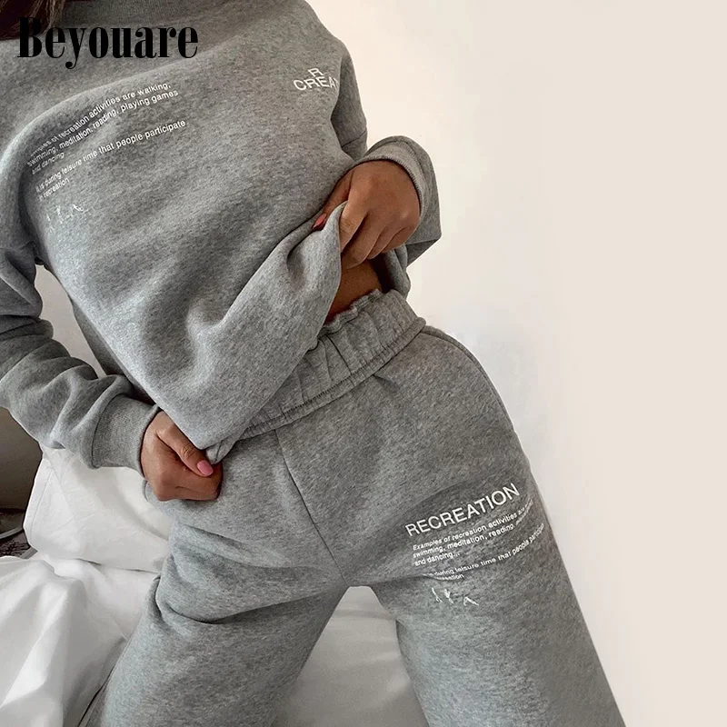 

Beyouare Autumn Women Sweatpant Drawstring Elastic Waist Trousers Cotton Letter Printed Cargo Pants 2020 White Gray Casual Pants