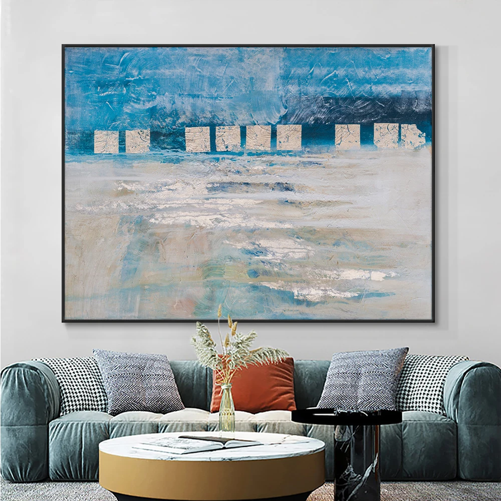 

Abstract Blue Oil Painting With Gold Foils 100% Hand Painted On Canvas Modern New Wall Art Pictures For Living Room House Decor