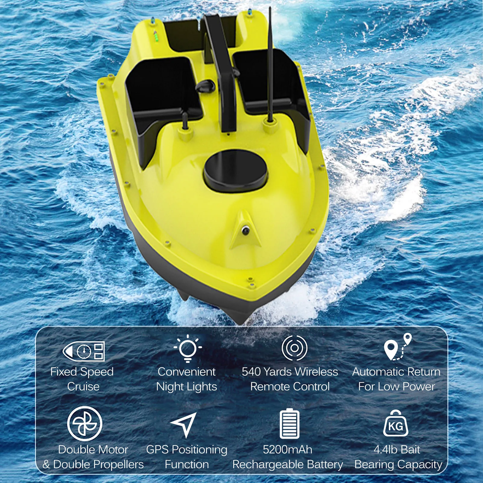Bateau-appât Télécommandé GPS 500 M - 3 Trémies (2 Kg) - Sonar Détecteur De Poissons - Moteurs Doubles - Batterie 5200 MAh - Sac Inclus