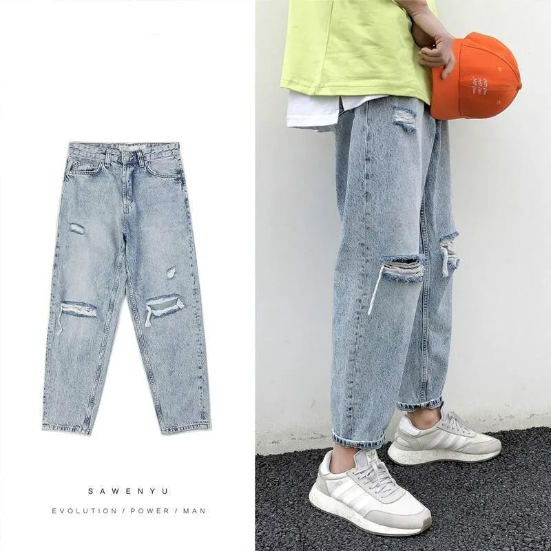 Japanese Ripped Jeans Men's Straight Loose Capri-Pants Korean Casual Pants Male  Hiphop Clothes Streetwear  Distressed Jeans