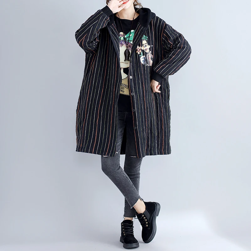 Kawaii/Хлопковые полосатые Harajuku куртка с капюшоном длинное пальто с героями мультфильмов; парка Print Для женщин для женщин; Большие размеры Верхняя одежда Пальто 4XL 5XL