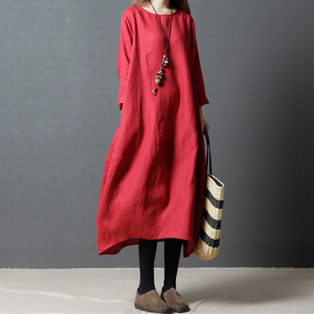 

2019 Autumn Women Vintage fashion Solid Color Dress Casual Long Sleeve Loose Solid Cotton Dresses Robe Plus Size