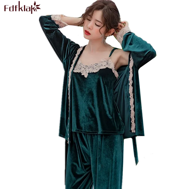 

Fashion autumn winter pajamas set long sleeve warm pajama for women gold velvet sexy lace pijamas women sleepwear pyjama femme