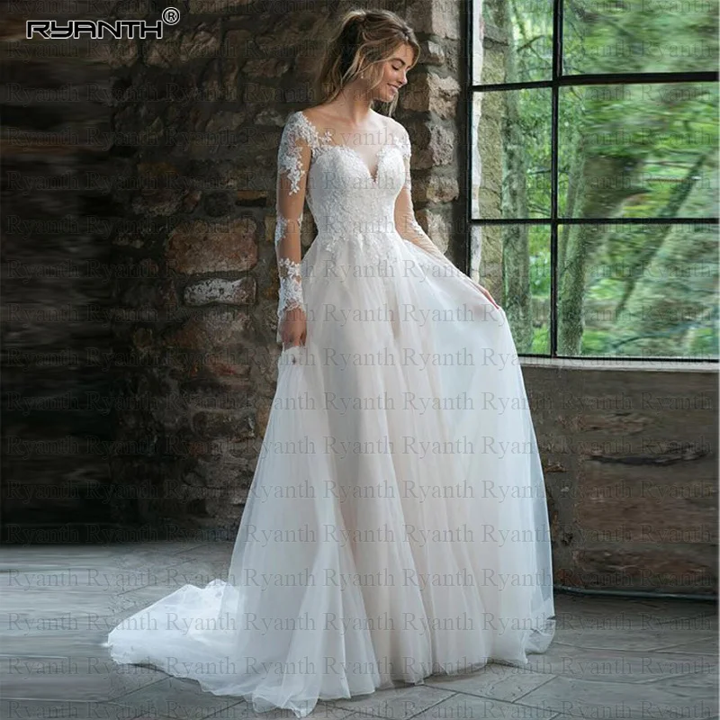 Индивидуальный заказ Vestido de noiva Robe de mariee сексуальная Чистая Иллюзия с длинными рукавами Кружева линия Свадебное платье богемные свадебные платья