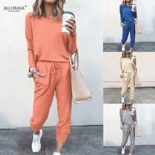 Allukasa Two-piece Spring and Autumn Hot Sale Women's Fashion Loose Solid Color Long-sleeved T-shirt Trousers Casual Sports Suit