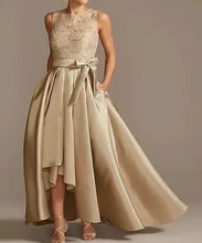 

Champagne High Low Evening Dress Jewel Asymmetrical Lace Satin Sash Prom Party Night Gown Vestidos Gala Robe De Soiree