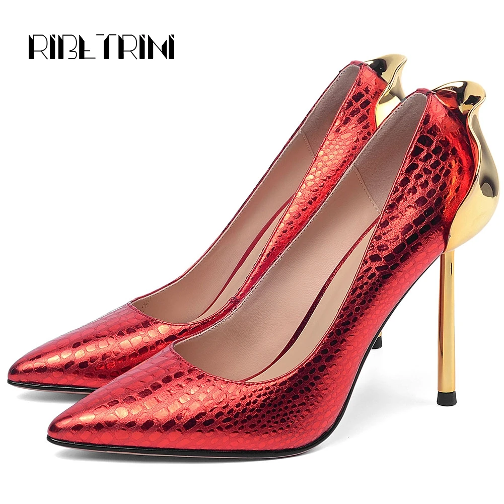 

RIBETRINI New Spring Female Shining Pointed Toe Shoes Woman Fretwork Genuine Leather Pumps Women High Thin Heels Party Pumps