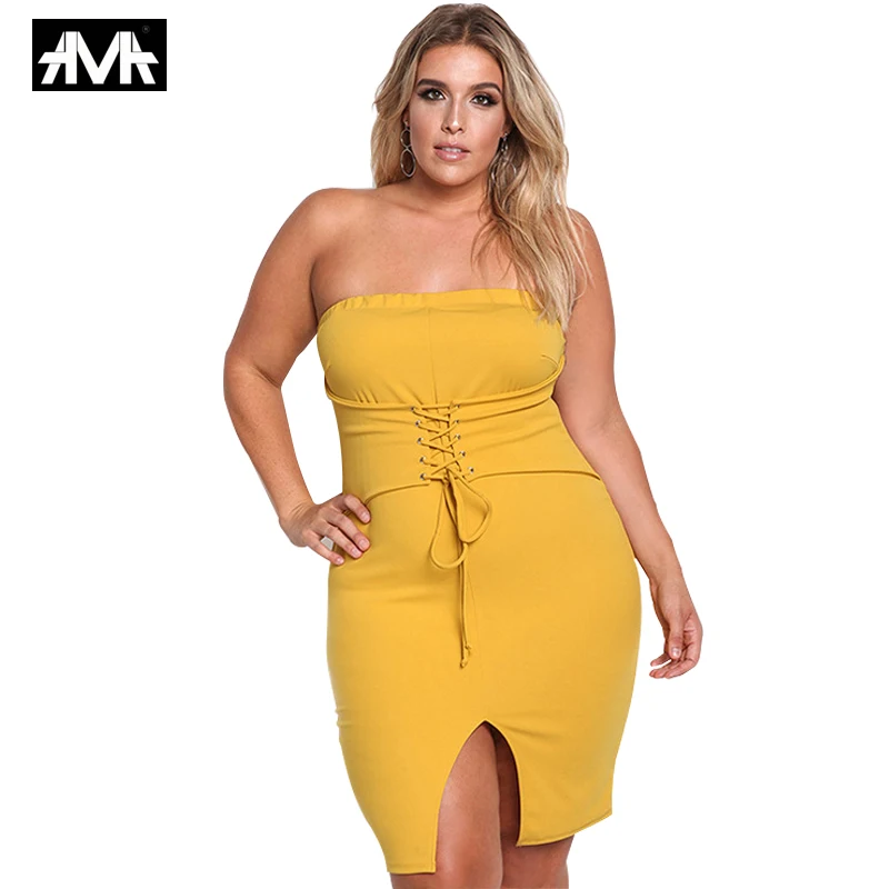 

.A.M.A. Plus Size XL/3XL Yellow/Black Women's Sexy Dress Strapless Bodycon Large Size Female Dress for Summer Evening Party