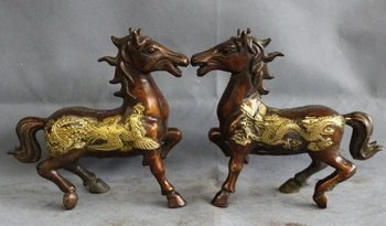 

voge gem S3429 Chinese Bronze Gilt Animals Year Zodiac Dragon Phoenix Jump Horse Statue Pair D0317