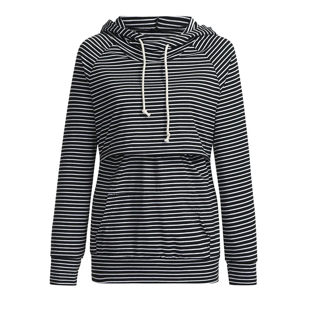 

Women's Nursing Long Sleeves Stripe Breastfeeding Hoodie Maternity Sweatshirts Outwear Pregnancy Warm Cotton Clothes HOOLER