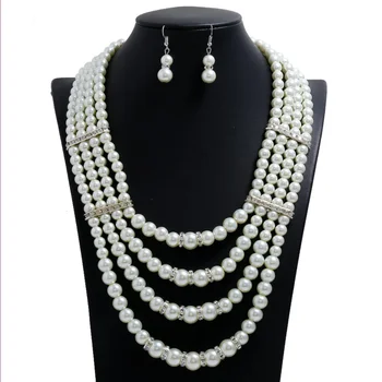 

Light Yellow Gold Color Multi Layer Imitation Pearl Pendant with Rhinestone Necklace Earrings Charm Jewelry Sets