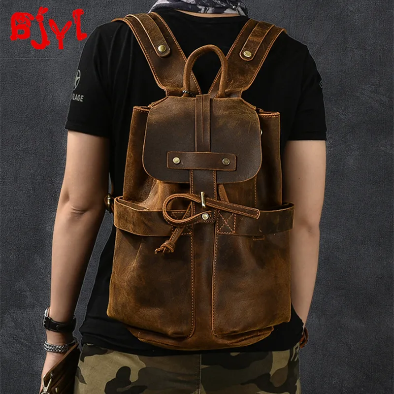 

Men Backpack Genuine Leather Men's Travel Backpacks Male Large Capacity Bucket Bags Personalized Model Retro Crazy Horse Leather