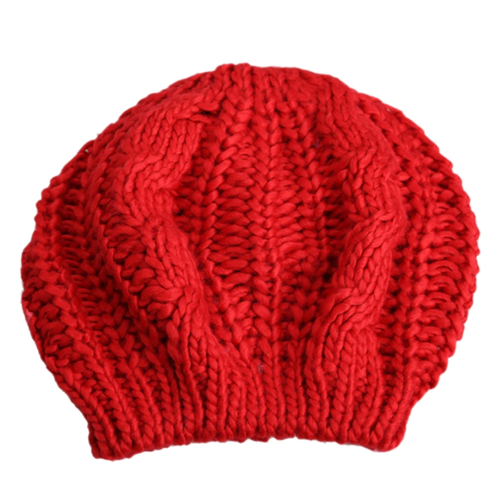 Красный Warm Winter Women Knitted Beret Baggy Fashion Casual Beanie Hat Solid Color Multicolor Ski Cap Red Women Beret - Цвет: Красный