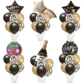 

7pcs 18inch Round Star Happy New Year Balloons Set 12inch Black Gold Latex Bottle Foil Balloon Xmas New Year Party Decorations