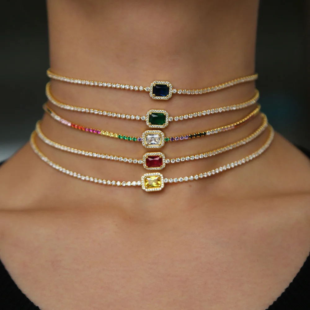 

2019 rainbow birthstone cz engagement choker necklace tennis chain gorgeous dainty fashion women lady elegance gold color chain