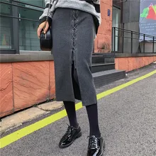 Осень-зима, женские юбки средней длины с разрезом, вязанная юбка, Ins, элегантная, прямая, высокая талия, Вязанная, офисная, Женская юбка