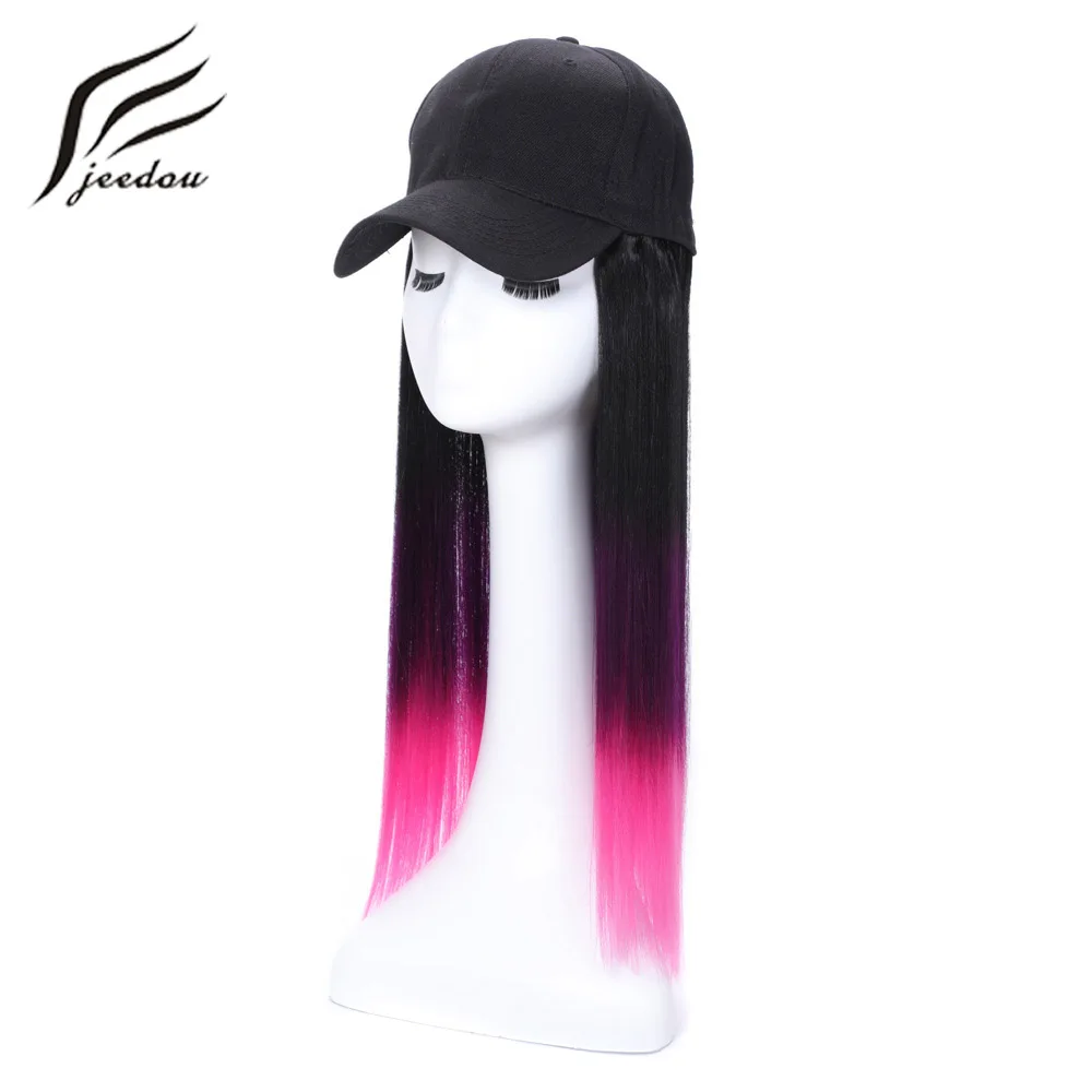 

jeedou Synthetic Hair Wig With Baseball Cap Straight 14" 35cm 150g Black Pink Purple Ombre Color Women Girl's Wigs Hairpieces
