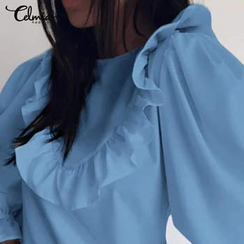 

Women's Clothing Feminine Celmia Casual Solid Blouses Plus Size Top Long Puff Sleeve Ruffles Shirt Stylish Office Party Blusas 7